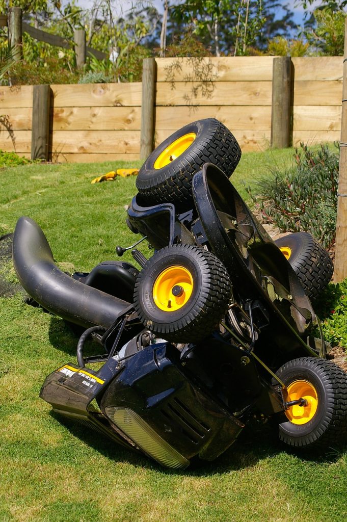 mower, lawn, accident, ride-on, nature, overturn, garden, backyard, escape, upside-down